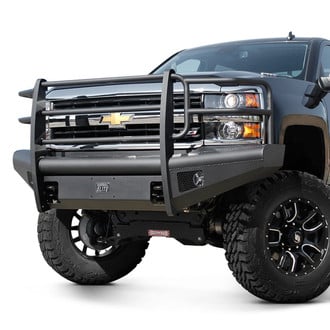 Fab Fours® - Black Steel Elite Full Width Black Powder Coated Front HD Bumper with Full Grille Guard