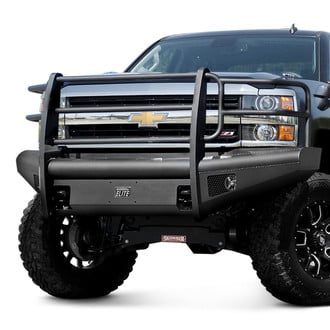 Fab Fours® - Black Steel Elite Full Width Black Powder Coated Front HD Bumper with Full Grille Guard