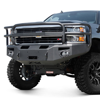 Fab Fours® - Premium Full Width Black Powder Coated Front Winch HD Bumper with Full Grille Guard