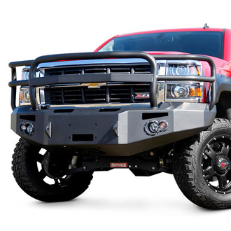 Fab Fours® - Premium Full Width Black Powder Coated Front Winch HD Bumper with Full Grille Guard