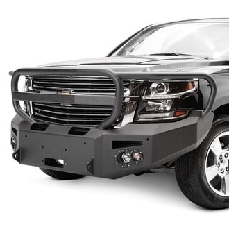 Fab Fours® - Premium Full Width Black Powder Coated Front Winch HD Bumper with Full Grille Guard