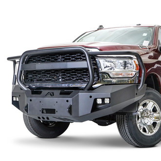 Fab Fours® - Premium Full Width Black Powder Coated Front Winch HD Bumper with Full Grille Guard