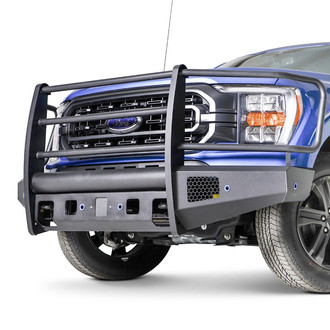 Fab Fours® - Black Steel Elite Full Width Black Powder Coated Front HD Bumper with Full Grille Guard