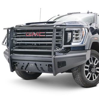 Fab Fours® - Black Steel Elite Full Width Black Powder Coated Front HD Bumper with Full Grille Guard