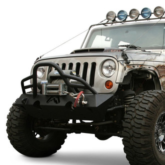 Fab Fours® - Hardcore Stubby Black Powder Coated Front Winch HD Bumper with Grille Guard