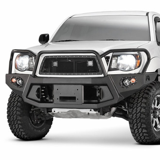 Fab Fours® - Premium Full Width Black Powder Coated Front Winch HD Bumper with Full Grille Guard