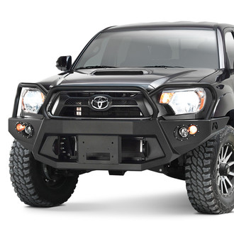 Fab Fours® - Premium Full Width Black Powder Coated Front Winch HD Bumper with Full Grille Guard