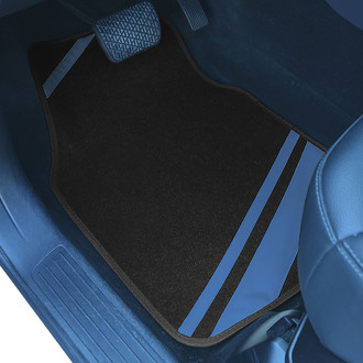 FH Group® - Non-Slip 1st & 2nd Row Blue Carpet Floor Mat Set with Faux Leather Stripes