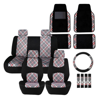 FH Group® - Tartan57 Plaid Print 1st & 2nd Row Seat Covers and Non-Slip Carpet Floor Mats