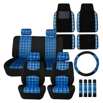 FH Group® - Tartan57 Plaid Print 1st & 2nd Row Black & Blue Seat Covers and Non-Slip Carpet Floor Mats