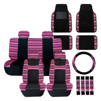 FH Group® - FH Group Mesa57 Southwestern Print 1st & 2nd Row Black & Pink Seat Covers and Floor Mats