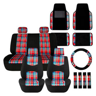 FH Group® - Tartan57 Plaid Print 1st & 2nd Row Black & Red Seat Covers and Non-Slip Carpet Floor Mats