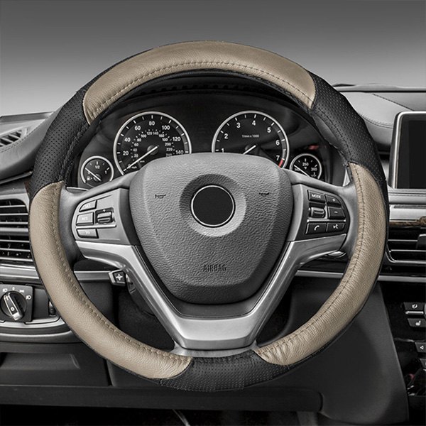 FH Group® - Perforated Genuine Leather Beige/Black Steering Wheel Cover