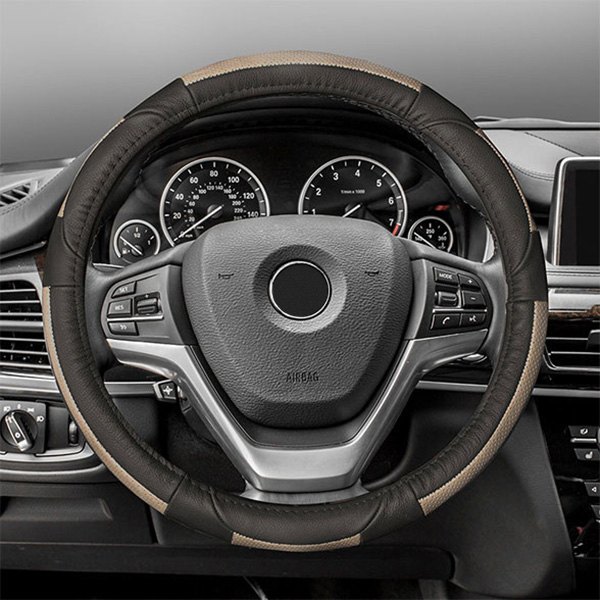 FH Group® - Deluxe Full Grain Authentic Leather Beige/Black Steering Wheel Cover