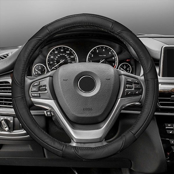 FH Group® - Deluxe Full Grain Authentic Leather Black Steering Wheel Cover