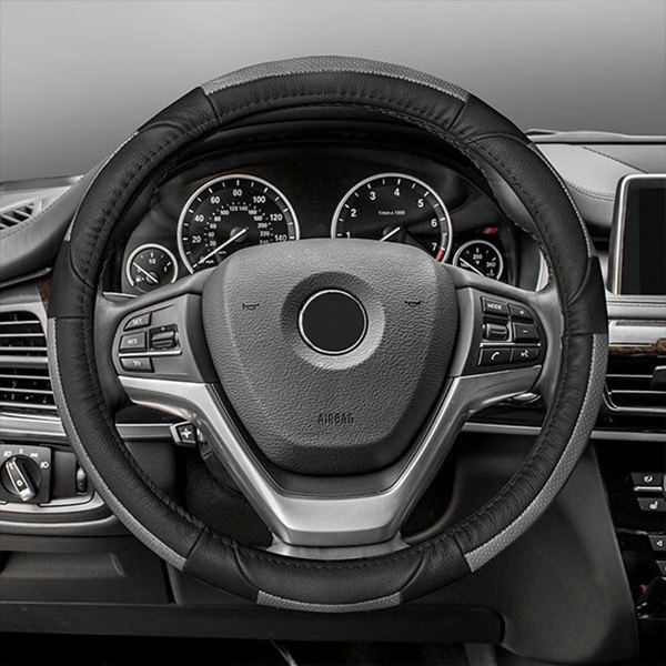 FH Group® - Deluxe Full Grain Authentic Leather Gray/Black Steering Wheel Cover