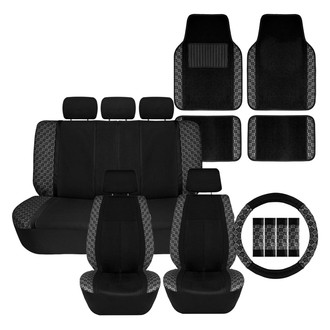 FH Group® - We Are Young Life is Fun™ Checker Printed 1st & 2nd Row Black Seat Covers and Floor Mats
