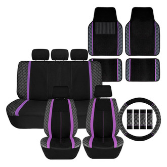 FH Group® - We Are Young Life is Fun™ Checker Printed 1st & 2nd Row Black & Purple Seat Covers and Floor Mats