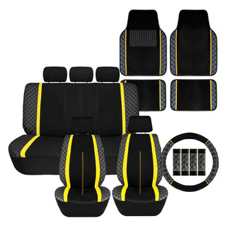 FH Group® - We Are Young Life is Fun™ Checker Printed 1st & 2nd Row Black & Yellow Seat Covers and Floor Mats