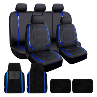 FH Group® - Galaxy13 Metallic Striped Deluxe Leatherette 1st & 2nd Row Black & Blue Seat Covers and Floor Mats