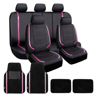 FH Group® - Galaxy13 Metallic Striped Deluxe Leatherette 1st & 2nd Row Black & Pink Seat Covers and Floor Mats