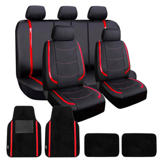 FH Group® - Galaxy13 Metallic Striped Deluxe Leatherette 1st & 2nd Row Black & Red Seat Covers and Floor Mats