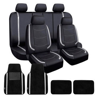 FH Group® - Galaxy13 Metallic Striped Deluxe Leatherette 1st & 2nd Row Black & White Seat Covers and Floor Mats