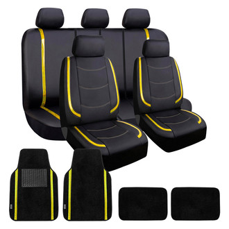 FH Group® - Galaxy13 Metallic Striped Deluxe Leatherette 1st & 2nd Row Black & Yellow Seat Covers and Floor Mats