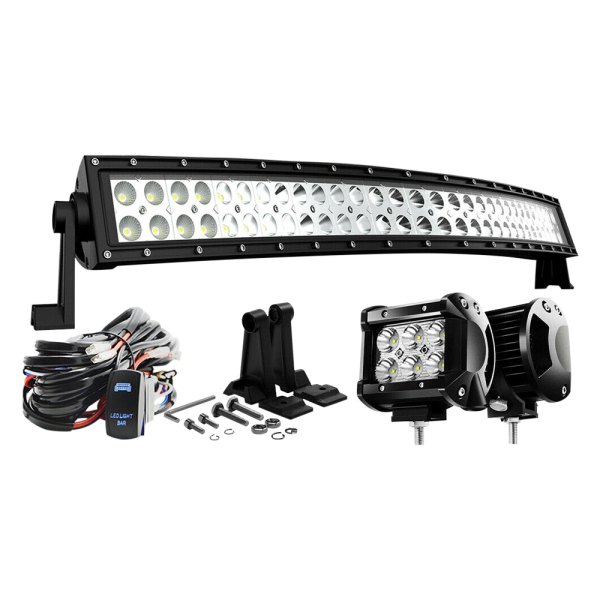 iD Select® - 32" 180W Curved Dual Row Combo Spot/Flood Beam LED Light Bar, with Two 4" Lights, Full Set