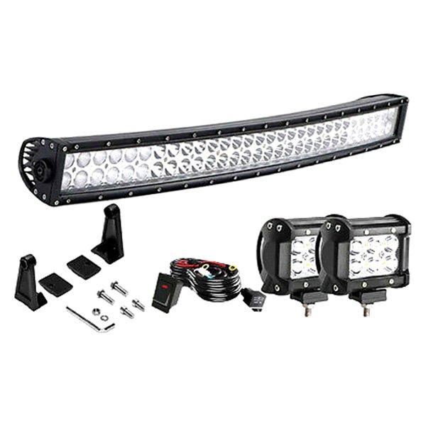 iD Select® - 32" 180W Curved Dual Row Combo Beam LED Light Bar, with Two 4" Lights and Wiring Kit, Full Set