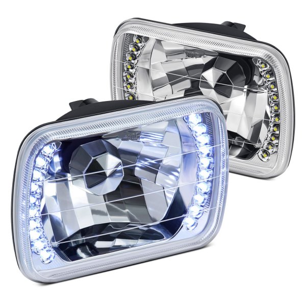 Lumen® - 7x6" Rectangular Chrome Diamond Cut LED Halo Crystal Headlights