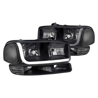 Lumen® - Black/Smoke LED DRL Bar Euro Headlights with Turn Signal/Parking Lights