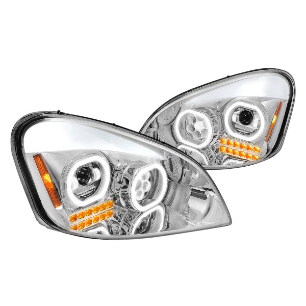 Lumen® - Chrome DRL Bar Dual Halo Projector LED Headlights, Freightliner Cascadia