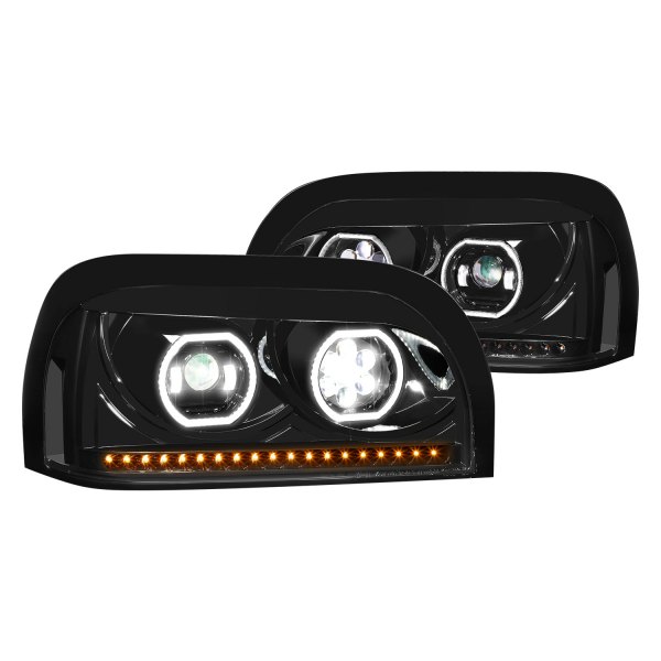 Lumen® - Black Dual Halo Projector LED Headlights with Sequential Turn Signal, Freightliner Century
