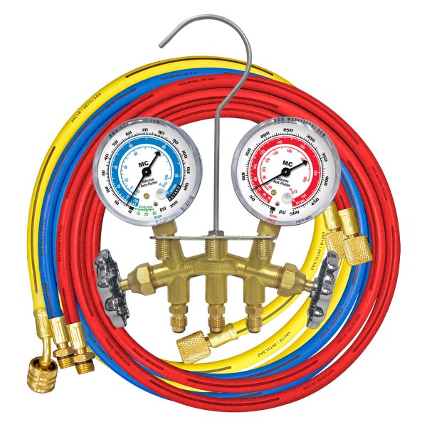 Mastercool® - Brass R-134a 2-Way Manifold Gauge Set with 36" Hoses and Automatic Shut-Off Valve