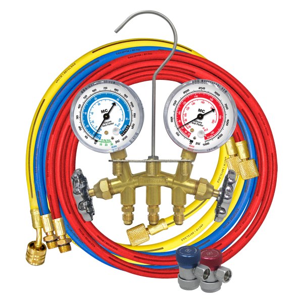 Mastercool® - Brass R-134a 2-Way Manifold Gauge Set with 72" Hoses, Manual Couplers and Automatic Shut-Off Valve