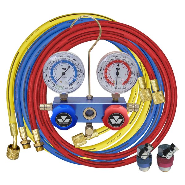 Mastercool® - Aluminum R-134a 2-Way Manifold Gauge Set with 72" Hoses, 90° Snap-N-Seal Couplers and Gauge Protectors