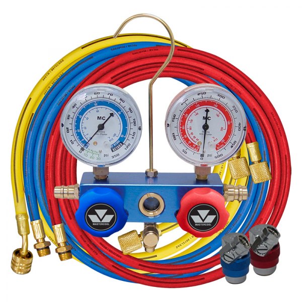 Mastercool® - Aluminum R-134a 2-Way Manifold Gauge Set with 72" Hoses, Automatic Shut-Off Valve and Gauge Protectors