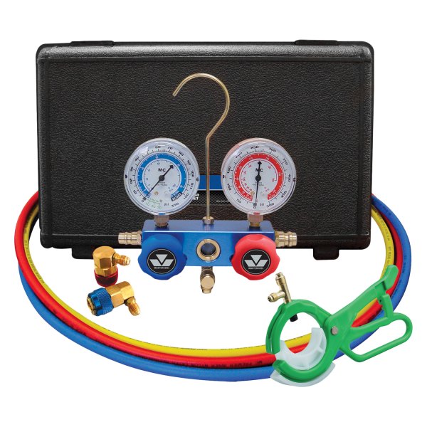 Mastercool® - Aluminum R-134a 2-Way Manifold Gauge Set with 60" Hoses, Couplers and 3-in-1 Side Mount Can Tap Valve