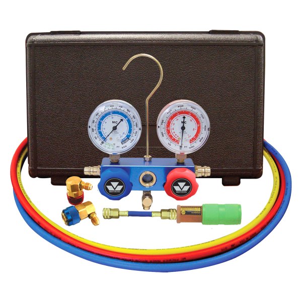 Mastercool® - Aluminum R-134a 2-Way Manifold Gauge Set with 60" Hoses, Professional Couplers and 10 Application Mini Dye Injector
