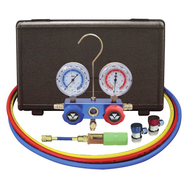 Mastercool® - Aluminum R-134a 2-Way Manifold Gauge Set with 60" Hoses, Manual Couplers and 10 Application Mini Dye Injector
