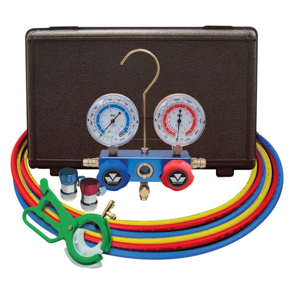 Mastercool® - Aluminum R-12, R-134a Dual Manifold Gauge Set with 2 Sets 60" Hoses, Manual Couplers and Side Mount Can Tap Valve