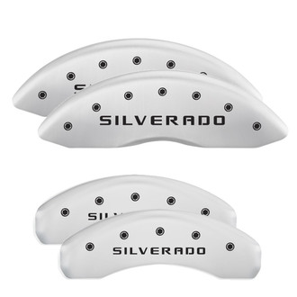 MGP® - Gloss White Caliper Covers with Silverado Engraving (Full Kit, 4 pcs)