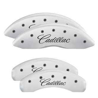 MGP® - Gloss White Caliper Covers with Cadillac Cursive Engraving (Full Kit, 4 pcs)