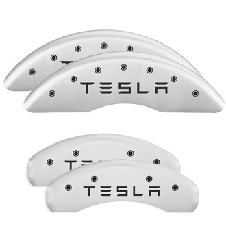 MGP® - Gloss White Caliper Covers with Tesla Engraving (Full Kit, 4 pcs)