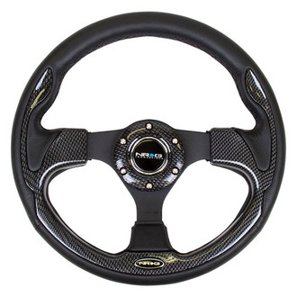 NRG Innovations® - 3-Spoke Pilota Series Black Leather Reinforced Steering Wheel with Carbon Fiber Look Trim