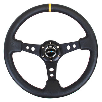 NRG Innovations® - 3-Spoke Black Leather Reinforced Steering Wheel with Round Holes and Center Mark