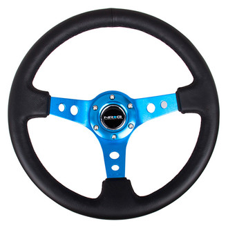 NRG Innovations® - 3-Spoke Black Leather Reinforced Steering Wheel with Round Holes and Center Mark