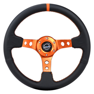 NRG Innovations® - 3-Spoke Black Leather Reinforced Steering Wheel with Round Holes and Center Mark
