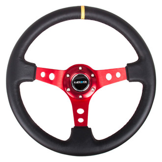 NRG Innovations® - 3-Spoke Black Leather Reinforced Steering Wheel with Round Holes and Center Mark